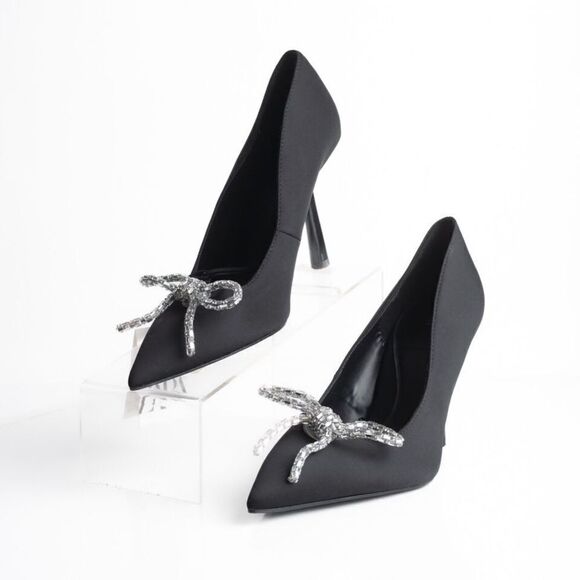 ZARA EMBELLISHED BOW HEELED SHOES BLACK - Picture 4 of 11